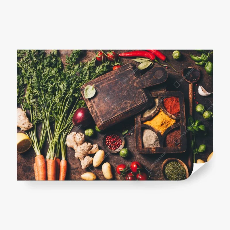 Fototapete rustikales stillleben mit gewürzen und gemüse