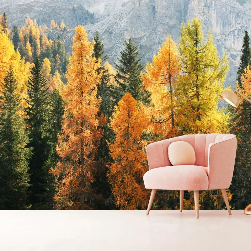 Fototapete goldener herbstlicher lärchenwald