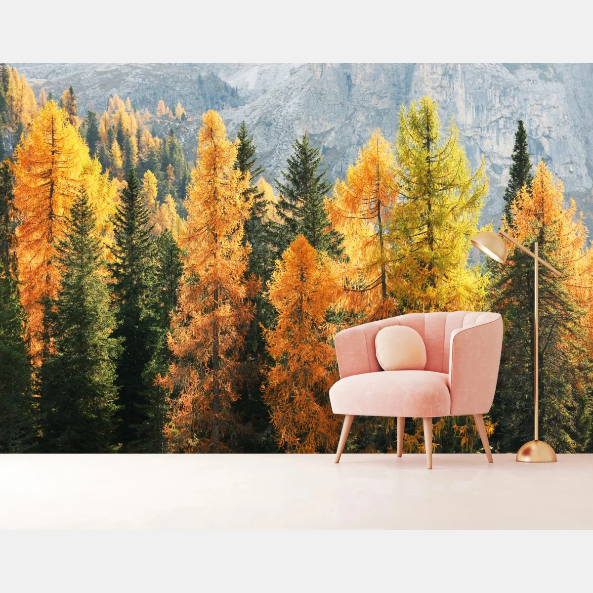 Fototapete goldener herbstlicher lärchenwald – Wallnifity®