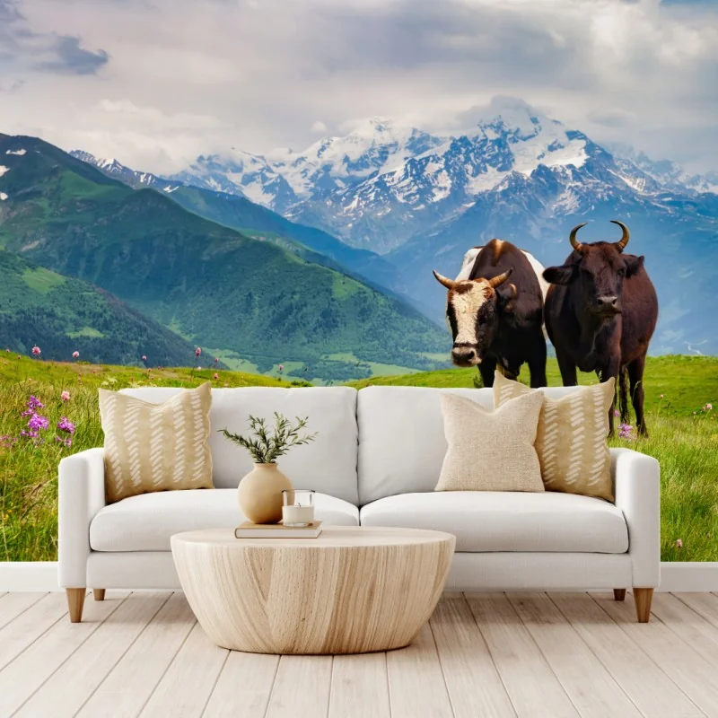 Fototapete alpenwiese mit grastenden kühen
