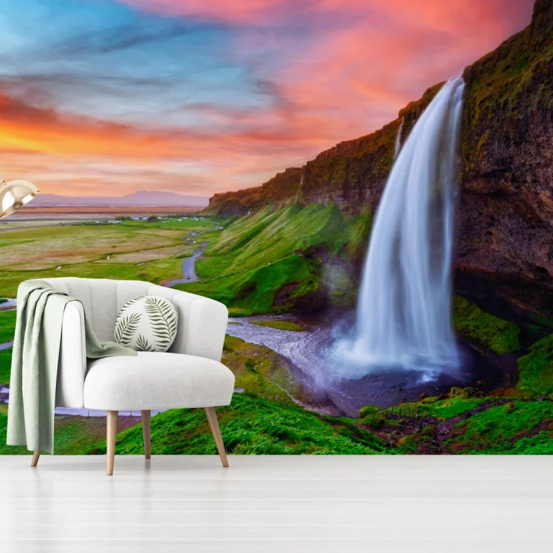 Fototapete wasserfall Seljalandsfoss bei sonnenuntergang – Wallnifity®