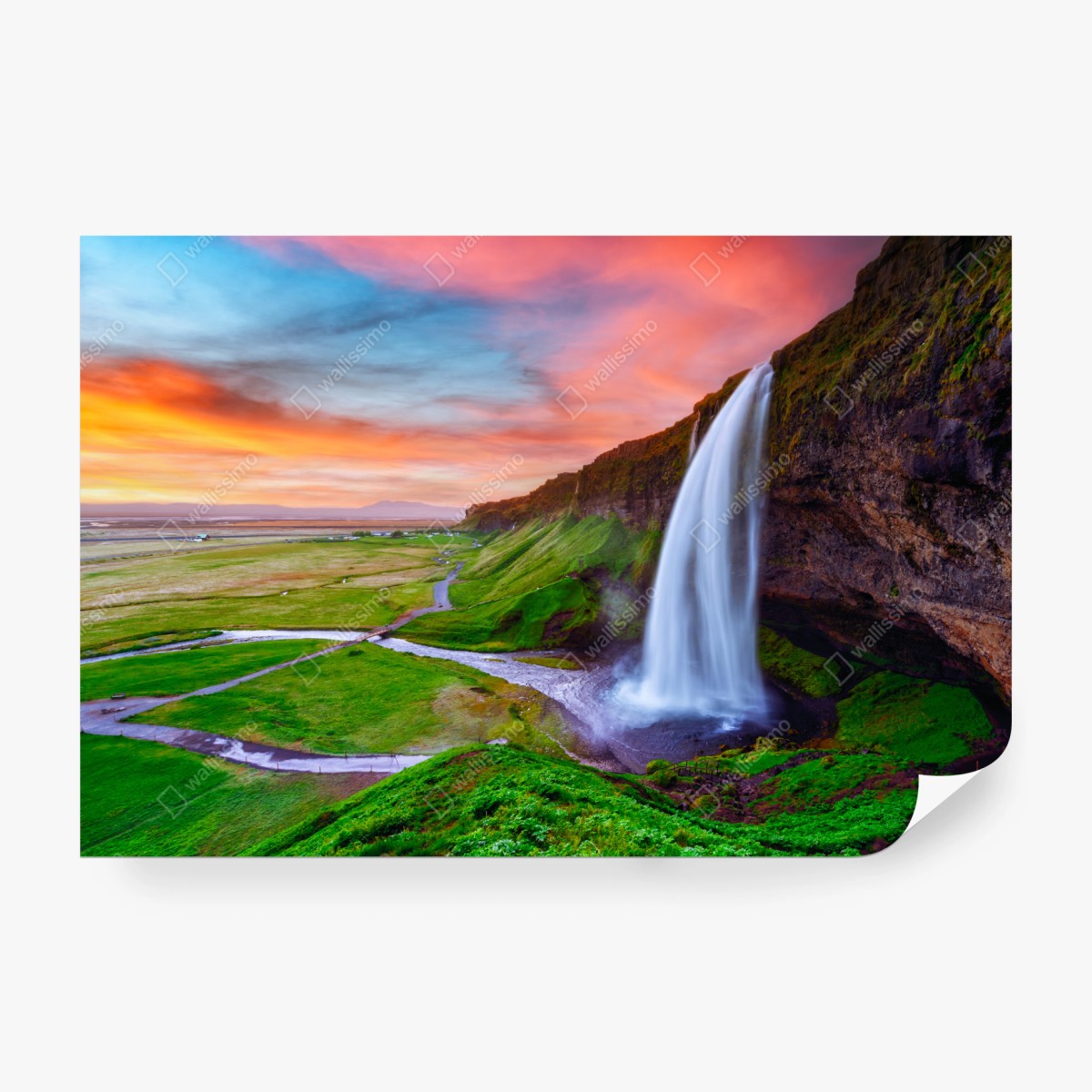 Fototapete wasserfall Seljalandsfoss bei sonnenuntergang – Wallnifity®