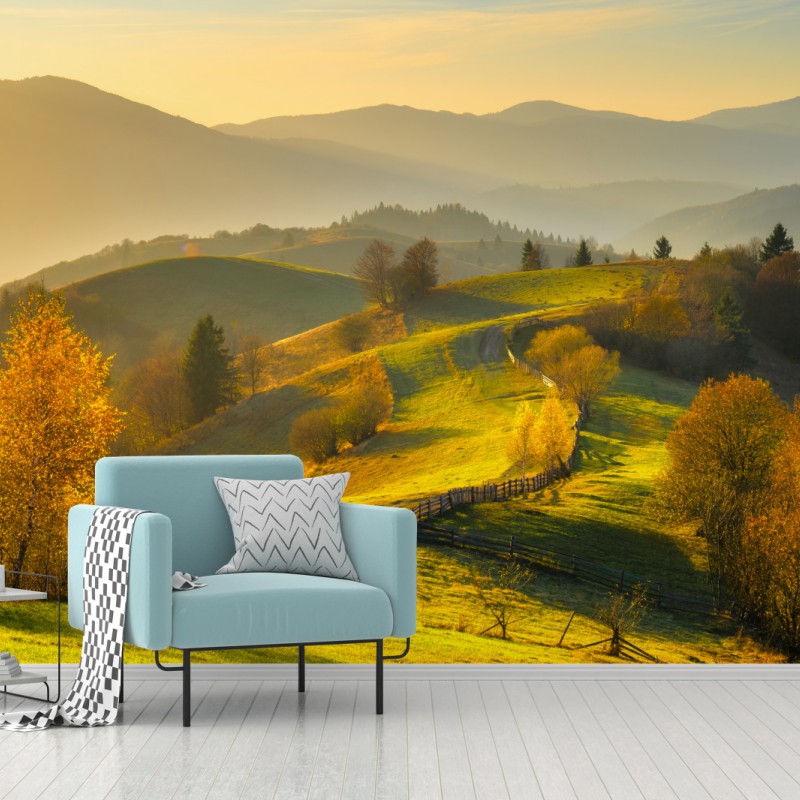 Fototapete goldene herbsthügel bei sonnenuntergang – Wallnifity® Fototapete goldene herbsthügel bei sonnenuntergang – Wallnifity®