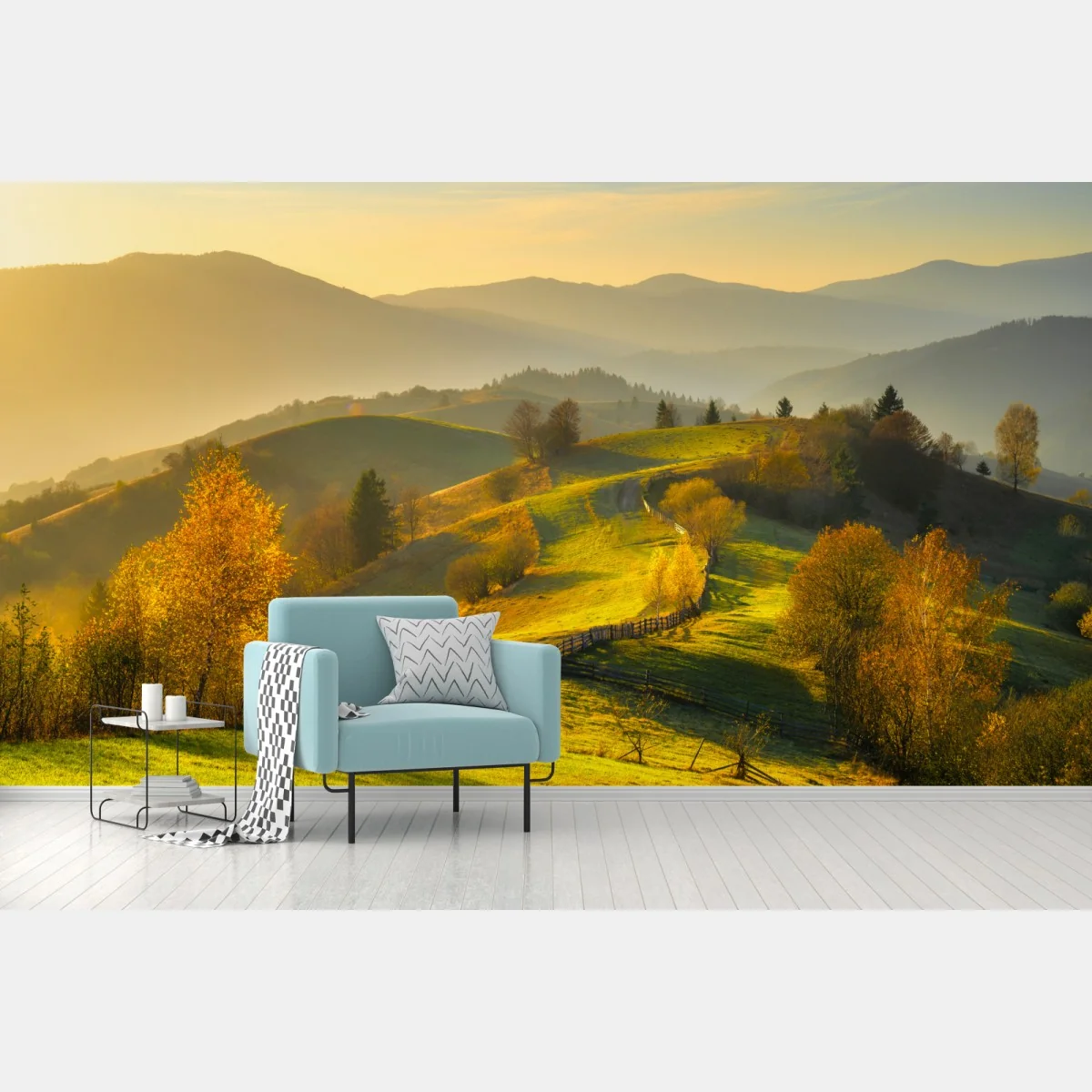 Fototapete goldene herbsthügel bei sonnenuntergang – Wallnifity® Fototapete goldene herbsthügel bei sonnenuntergang – Wallnifity®