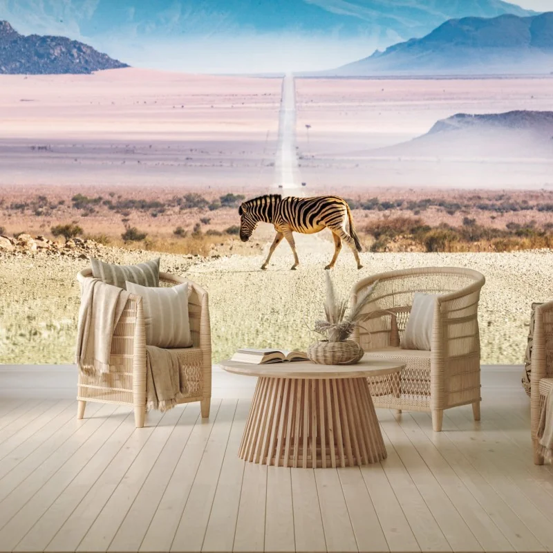 Fototapete zebra auf der wüstenstraße