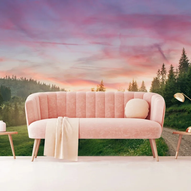 Fototapete nebliger sonnenuntergang im kiefernwald – Wallnifity®