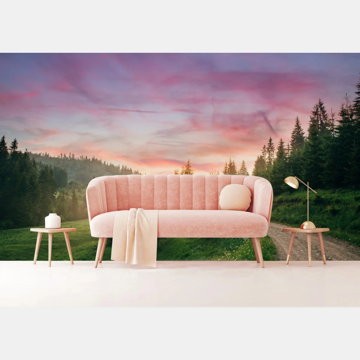 Fototapete nebliger sonnenuntergang im kiefernwald – Wallnifity®