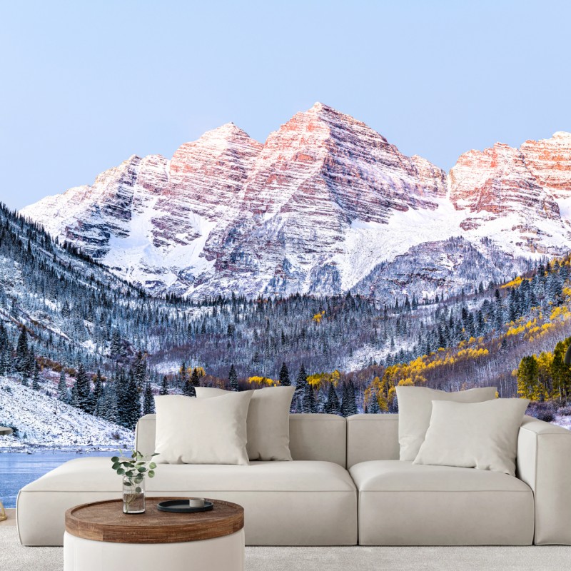 Fototapete verschneiter morgen in den bergen am see