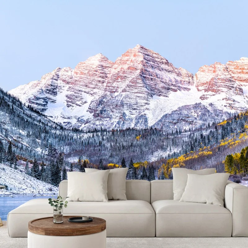 Fototapete verschneiter morgen in den bergen am see