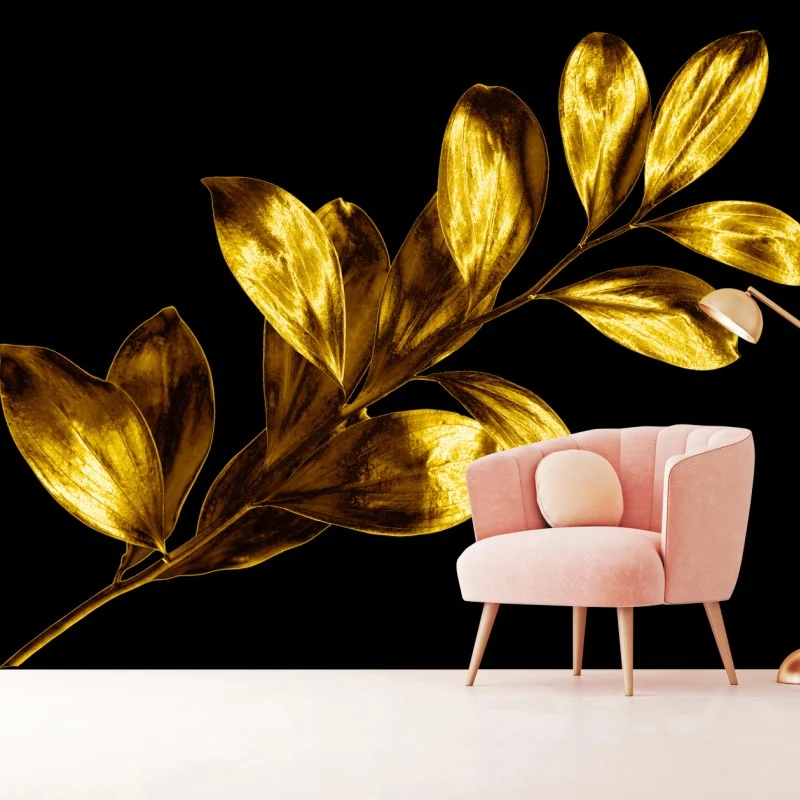 Fototapete goldener blattzweig auf schwarzem hintergrund