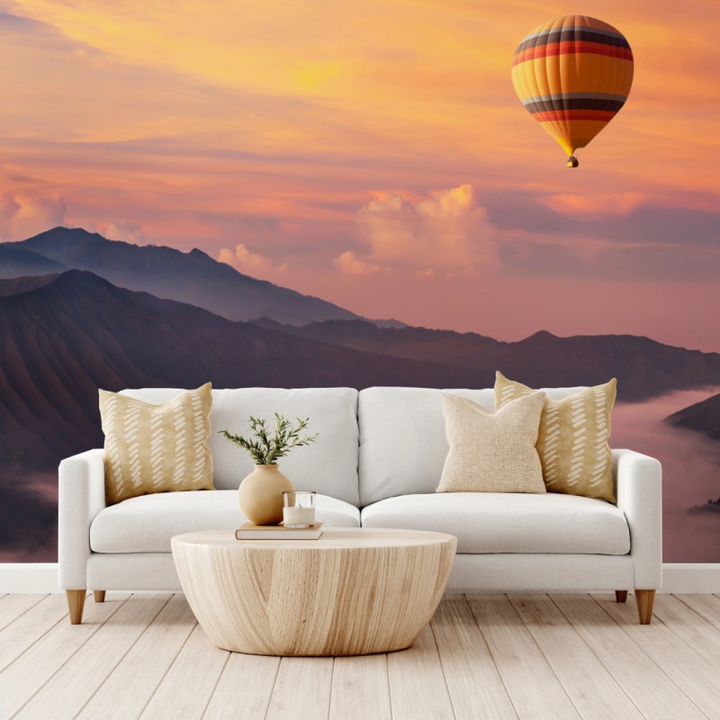 Fototapete heißluftballon über nebligen bergen bei sonnenaufgang – Wallnifity® Fototapete heißluftballon über nebligen bergen bei sonnenaufgang – Wallnifity®
