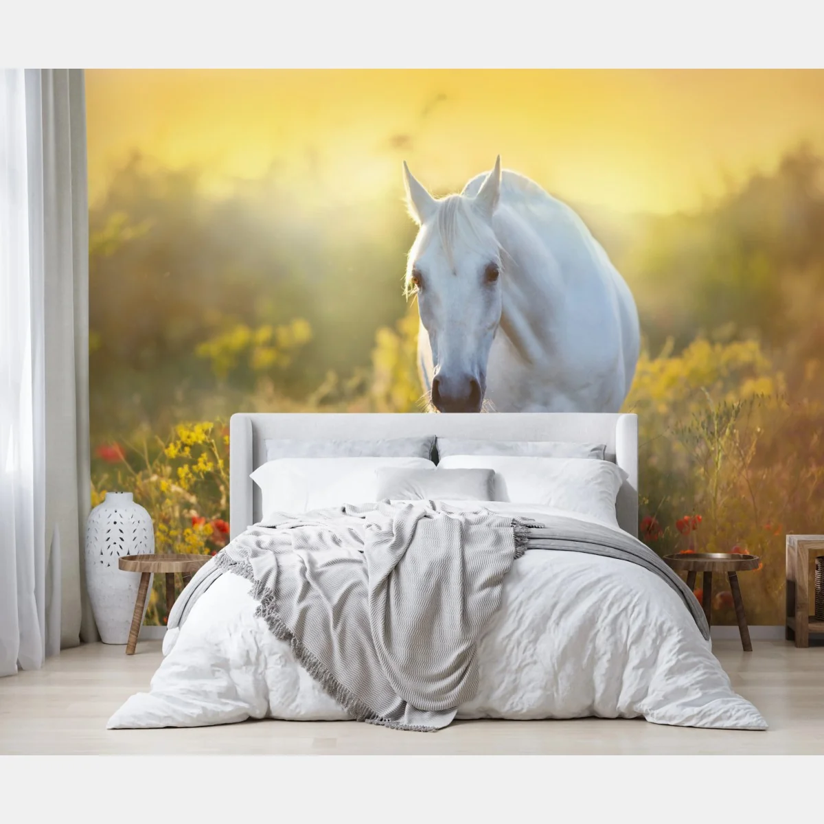 Fototapete weißes pferd im mohnfeld bei sonnenaufgang – Wallnifity® Fototapete weißes pferd im mohnfeld bei sonnenaufgang – Wallnifity®