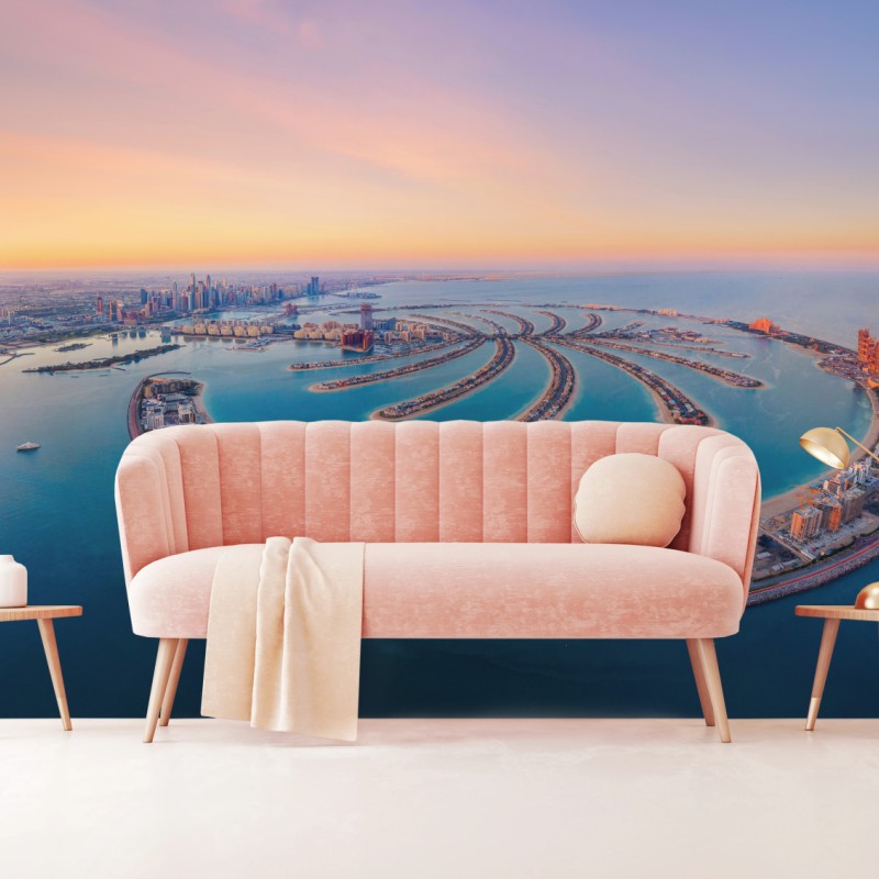 Fototapete sonnenuntergang über Palm Jumeirah luftaufnahme
