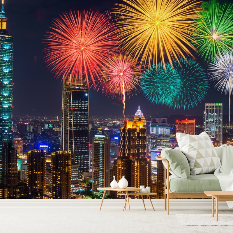 Fototapete Taipeh feuerwerk über der stadtsilhouette – Wallnifity® Fototapete Taipeh feuerwerk über der stadtsilhouette – Wallnifity®