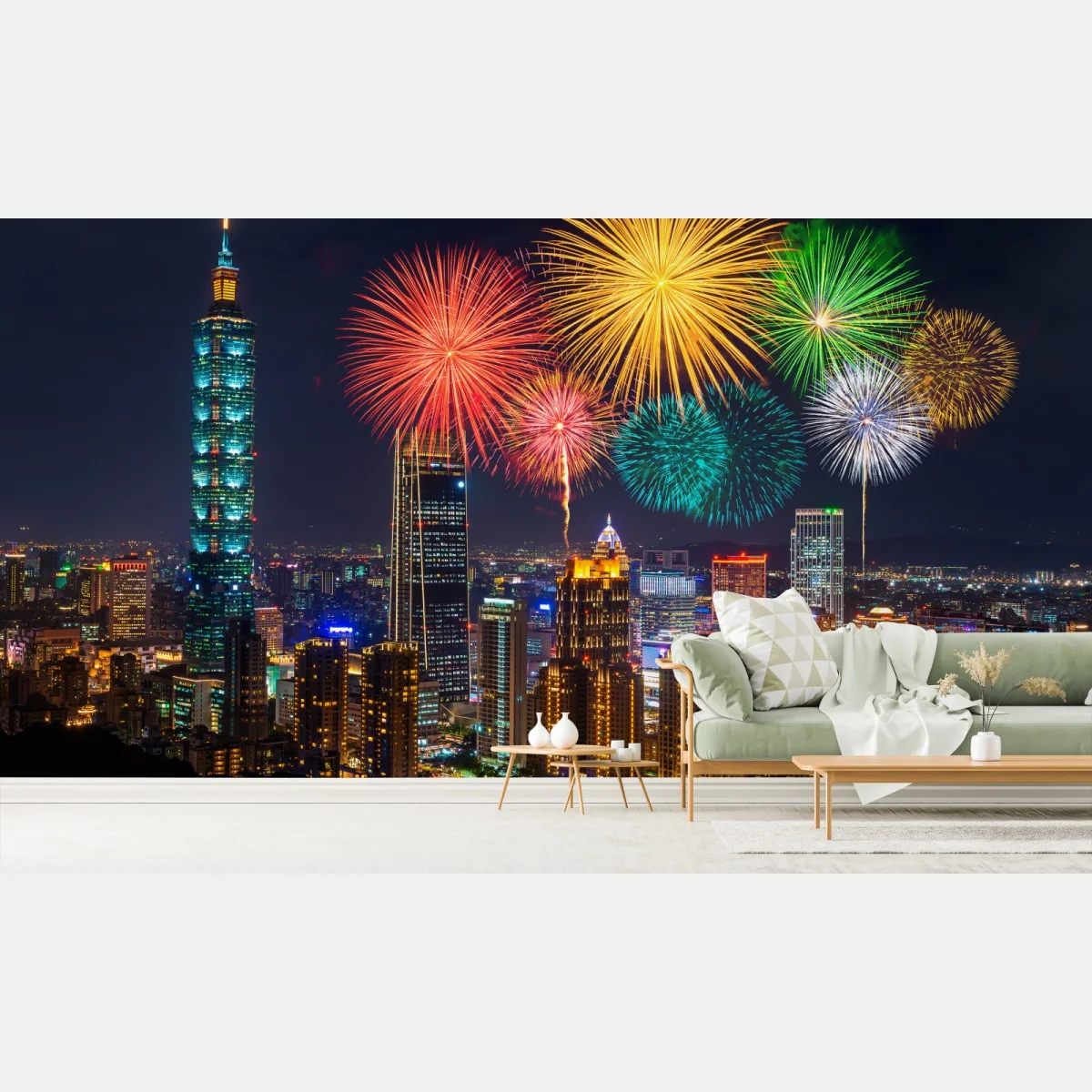 Fototapete Taipeh feuerwerk über der stadtsilhouette – Wallnifity® Fototapete Taipeh feuerwerk über der stadtsilhouette – Wallnifity®