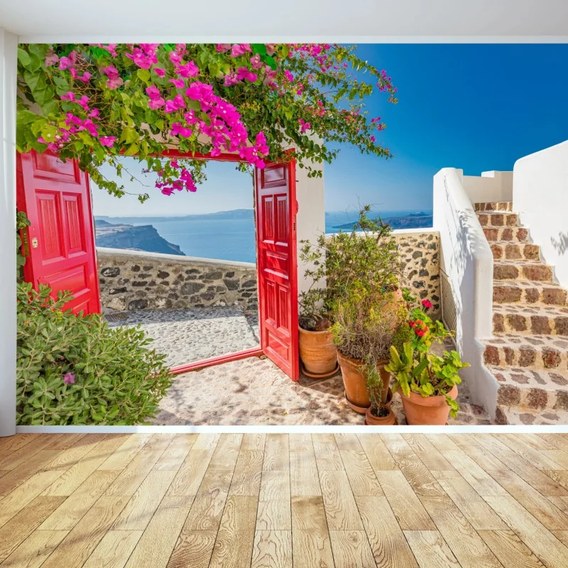 Fototapete sonnenbeschienene mediterrane terrasse mit meerblick – Wallnifity®