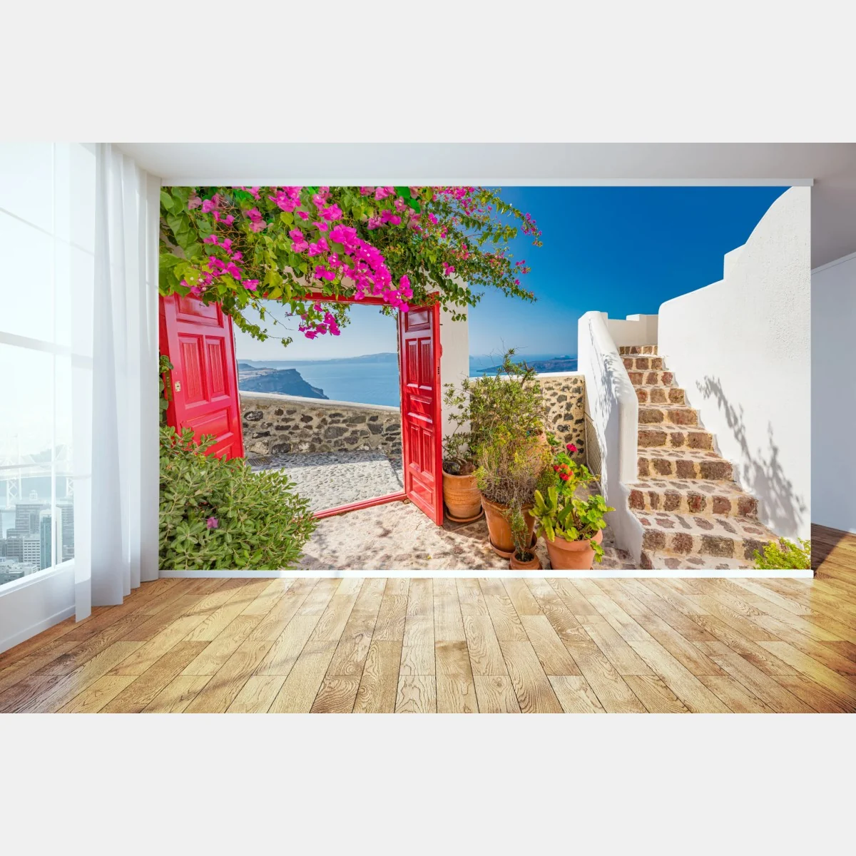 Fototapete sonnenbeschienene mediterrane terrasse mit meerblick – Wallnifity®