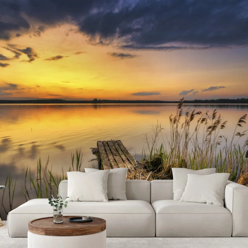 Fototapete goldener sonnenuntergang am see mit steg – Wallnifity® Fototapete goldener sonnenuntergang am see mit steg – Wallnifity®