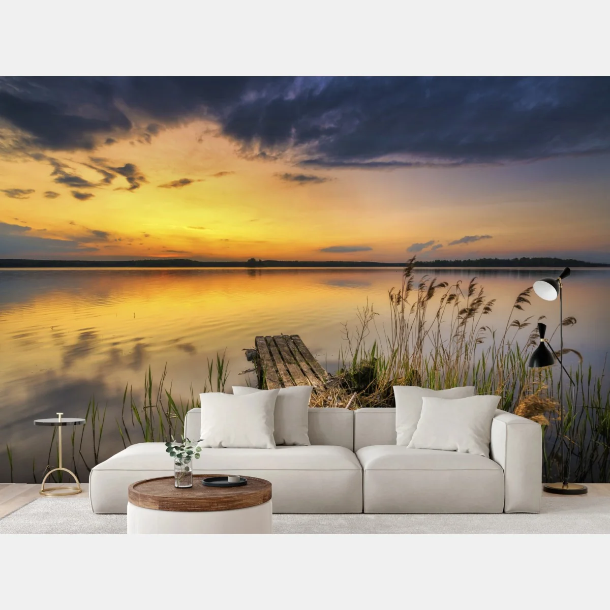 Fototapete goldener sonnenuntergang am see mit steg – Wallnifity® Fototapete goldener sonnenuntergang am see mit steg – Wallnifity®