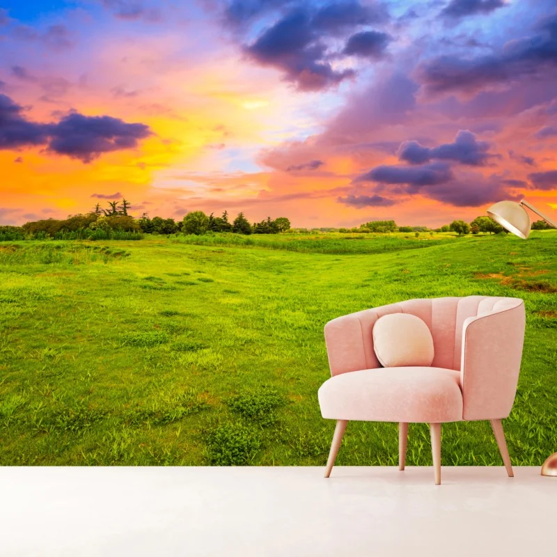 Fototapete sonnenuntergang über grüner wiese – Wallnifity® Fototapete sonnenuntergang über grüner wiese – Wallnifity®