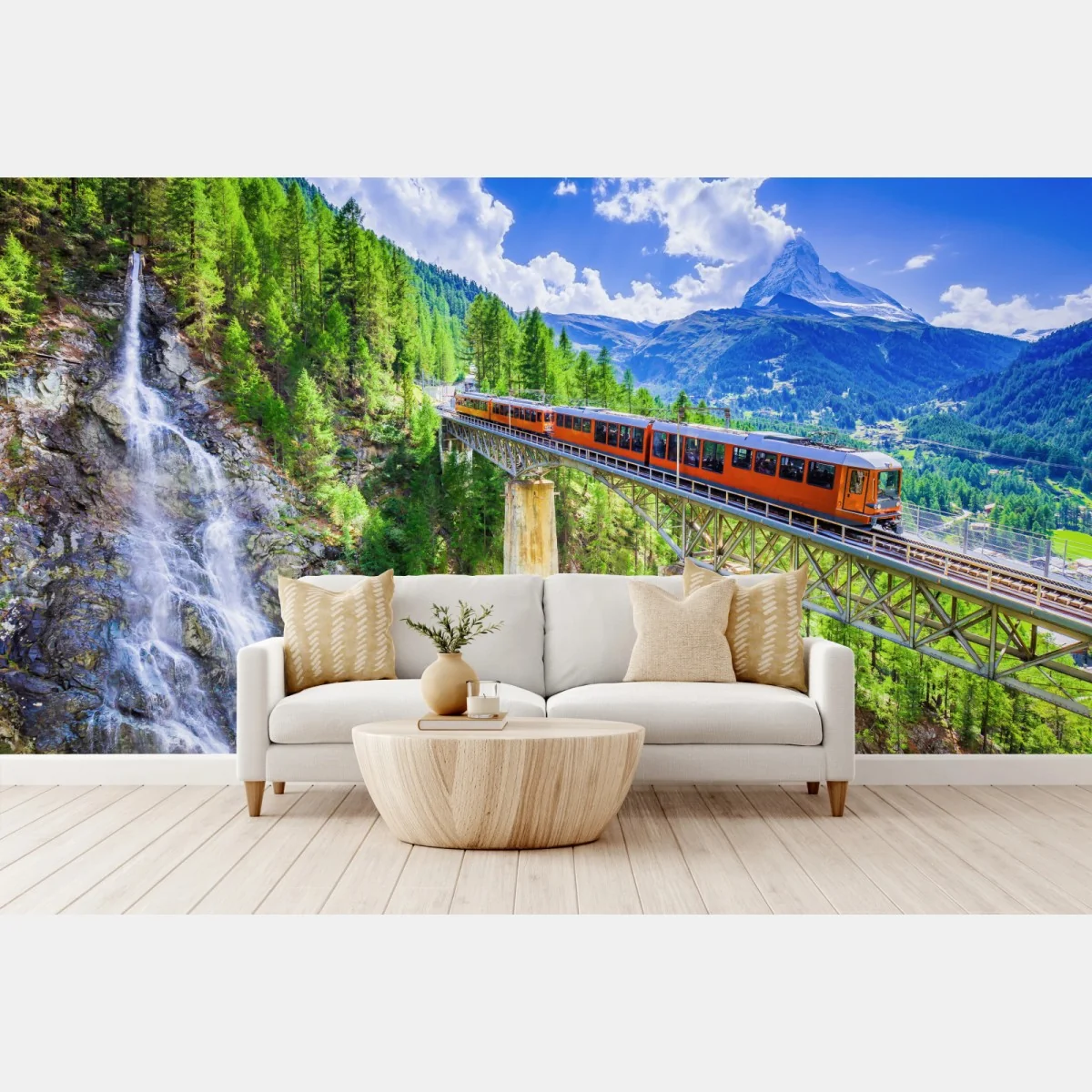 Fototapete Gornergrat zug auf alpenbrücke mit Matterhorn – Wallnifity® Fototapete Gornergrat zug auf alpenbrücke mit Matterhorn – Wallnifity®