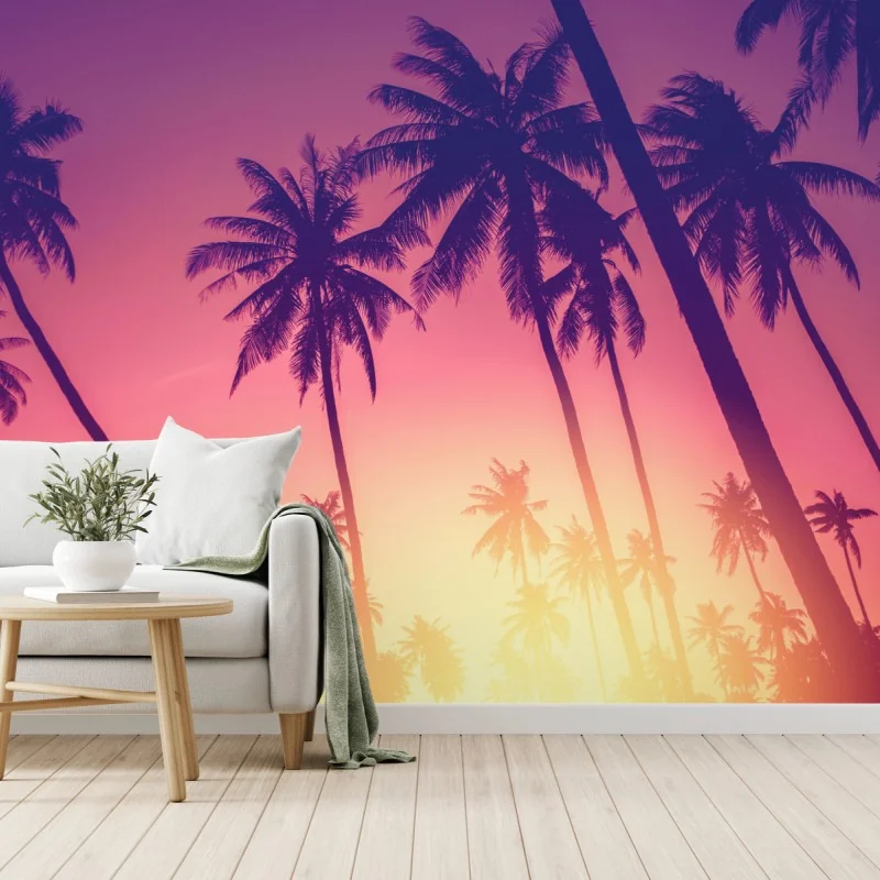 Fototapete tropischer sonnenuntergang mit palmensilhouette