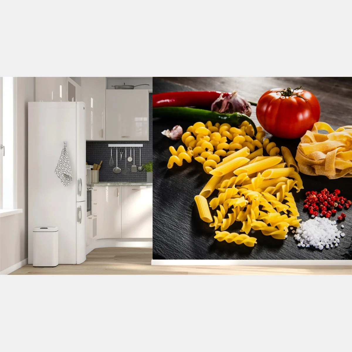 Fototapete verschiedene trockene nudeln und frische zutaten – Wallnifity® Fototapete verschiedene trockene nudeln und frische zutaten – Wallnifity®