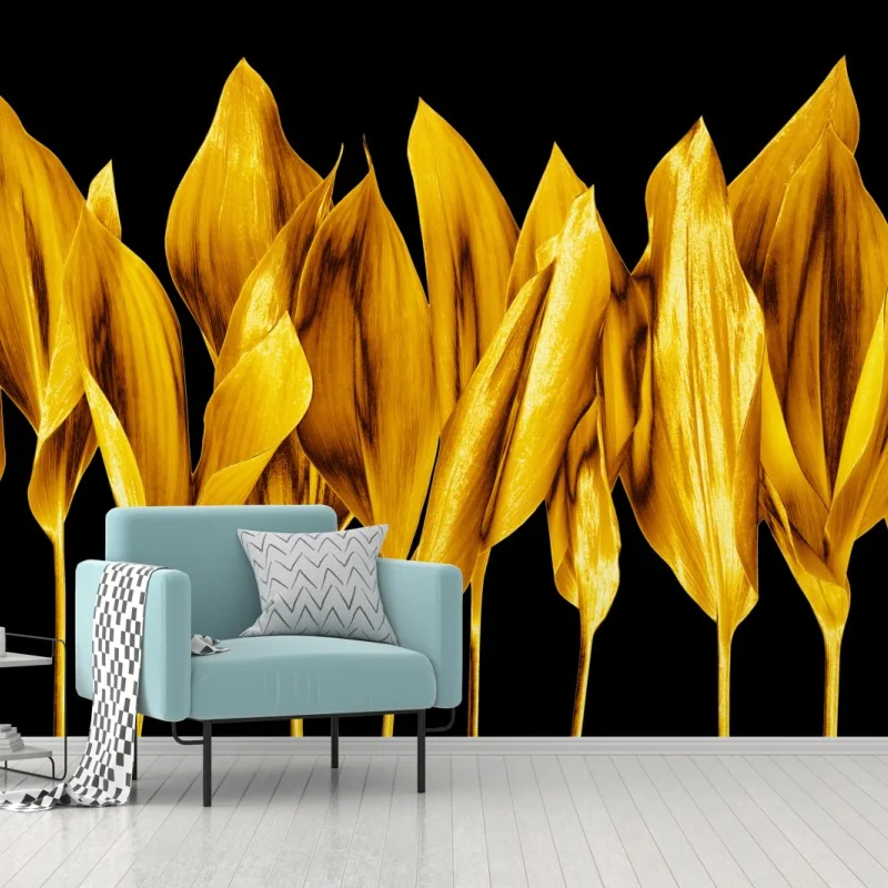 Fototapete goldene blätter auf schwarzem hintergrund