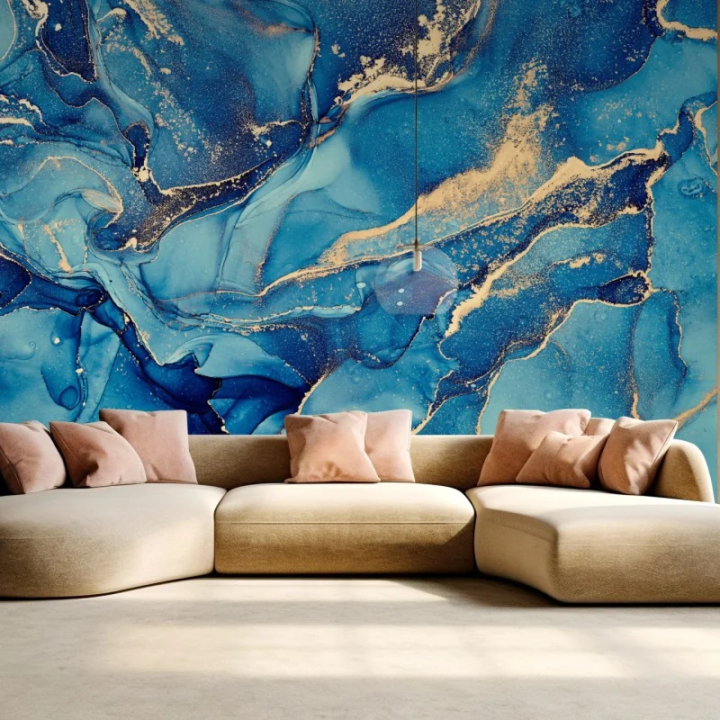 Fototapete ozeanblau und goldene wirbel flüssige abstraktion