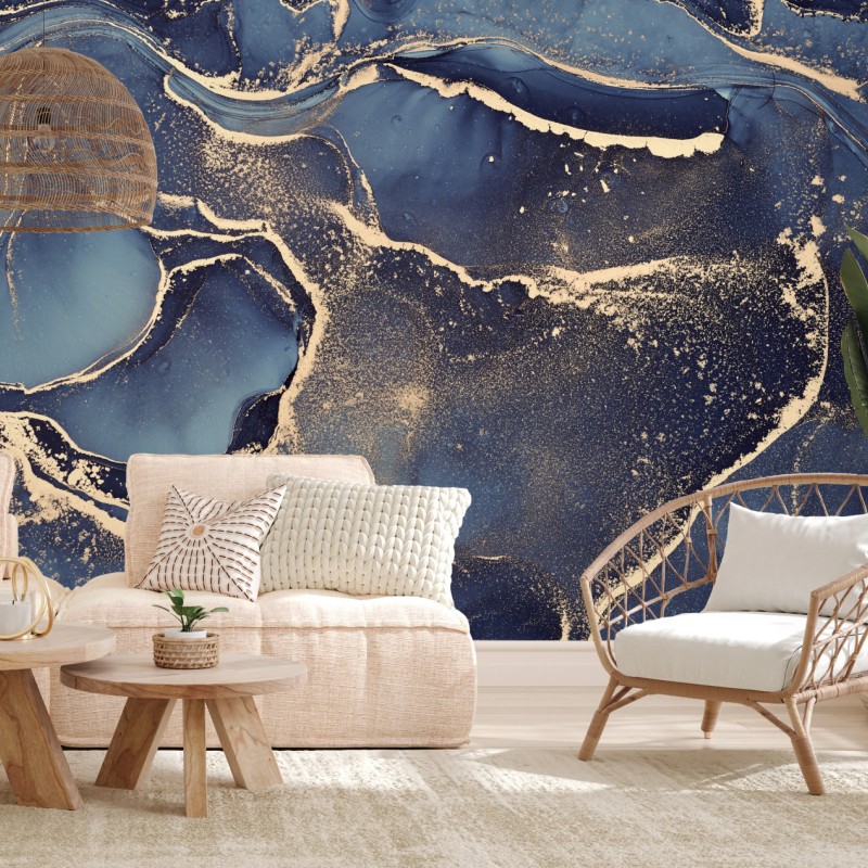 Fototapete traumhafte abstrakte fließmalerei in blau und gold