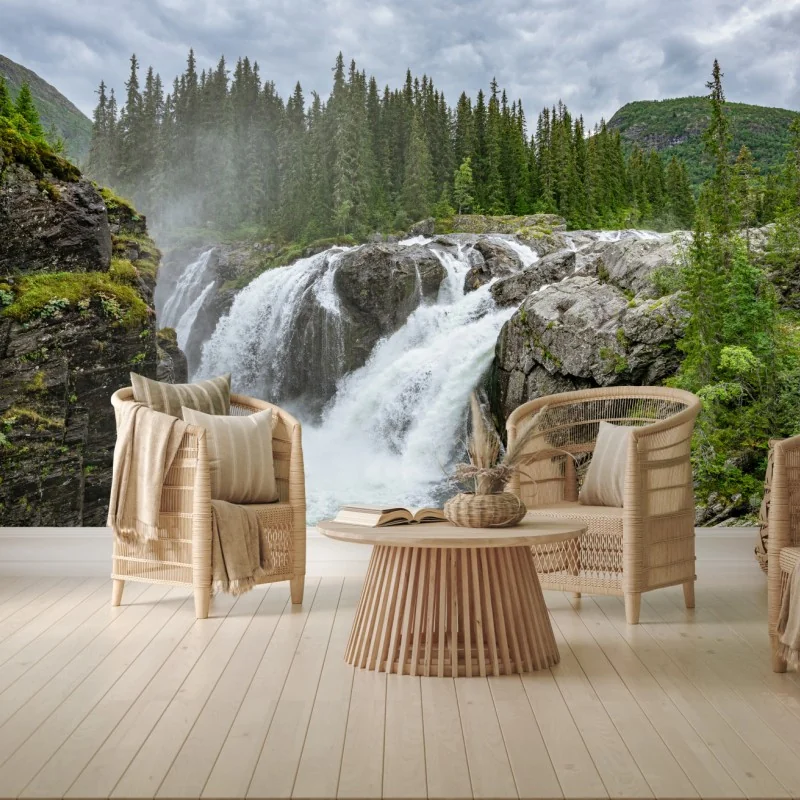 Fototapete nebliger wasserfall im dichten kiefernwald – Wallnifity® Fototapete nebliger wasserfall im dichten kiefernwald – Wallnifity®