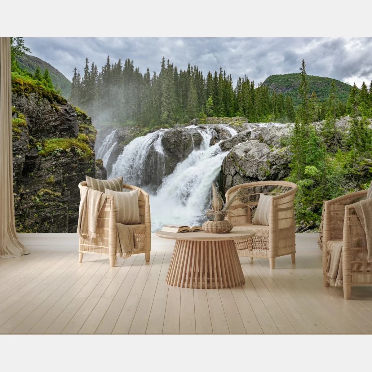 Fototapete nebliger wasserfall im dichten kiefernwald – Wallnifity® Fototapete nebliger wasserfall im dichten kiefernwald – Wallnifity®