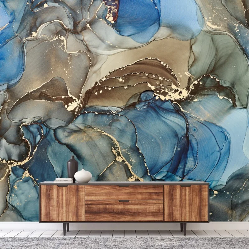 Fototapete blaue und goldene flüssige abstraktion