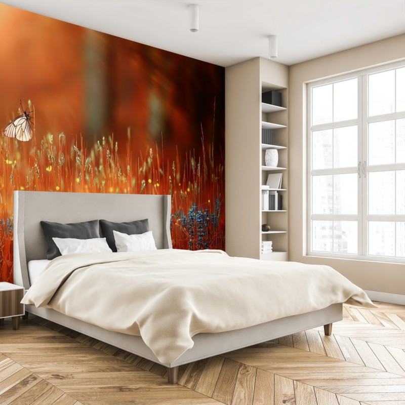 Fototapete schmetterling auf goldener wiese