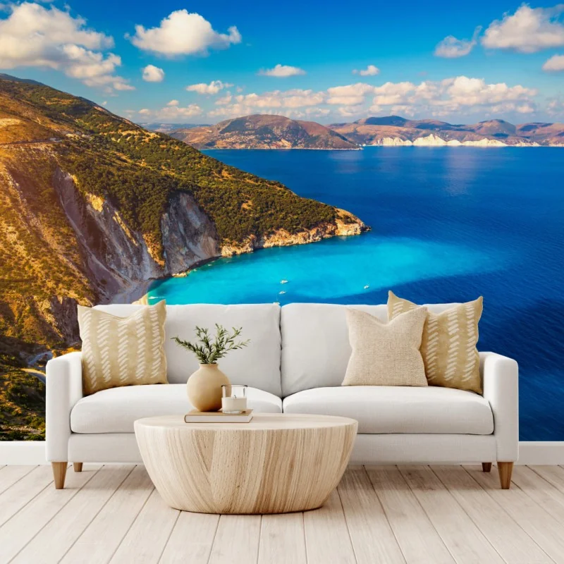 Fototapete sonniges panorama der Myrtos-bucht, Kefalonia – Wallnifity® Fototapete sonniges panorama der Myrtos-bucht, Kefalonia – Wallnifity®