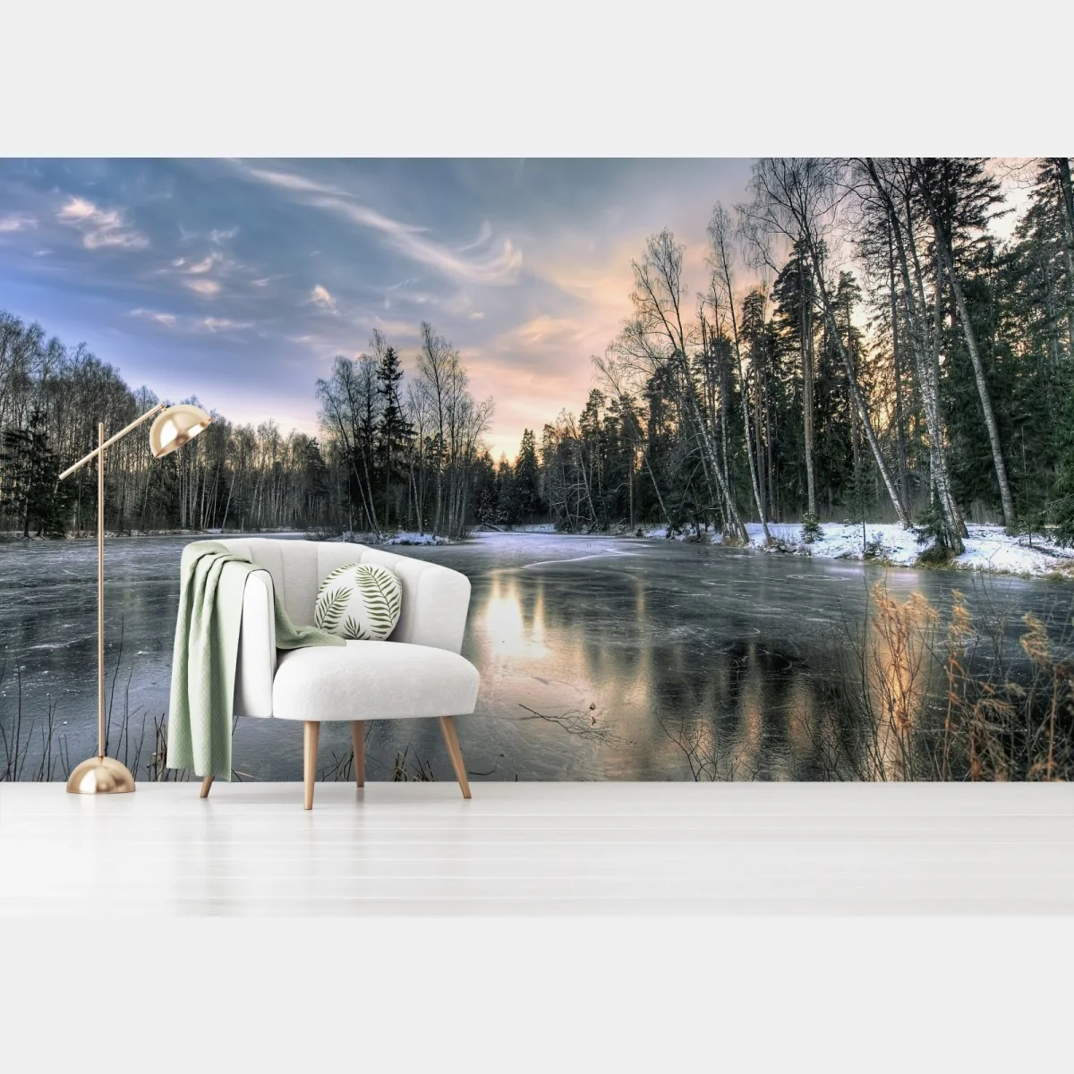 Fototapete vereister see im dämmerlicht mit waldspiegelung – Wallnifity® Fototapete vereister see im dämmerlicht mit waldspiegelung – Wallnifity®