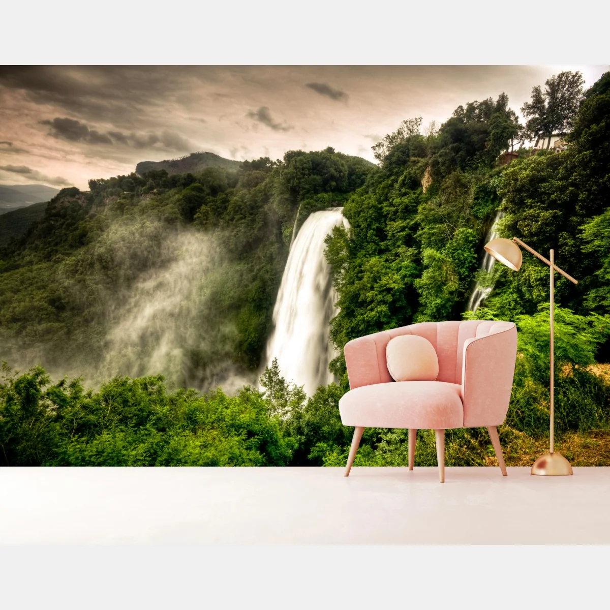 Fototapete Marmore wasserfall in Umbrien: neblige grüne landschaft – Wallnifity® Fototapete Marmore wasserfall in Umbrien: neblige grüne landschaft – Wallnifity®