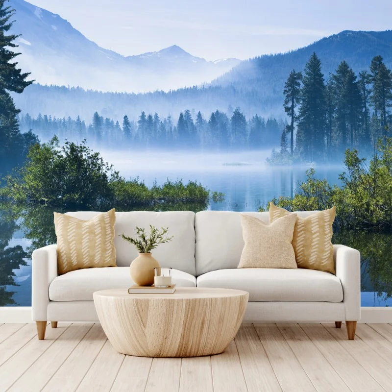 Fototapete nebliger bergsee mit spiegelnder oberfläche