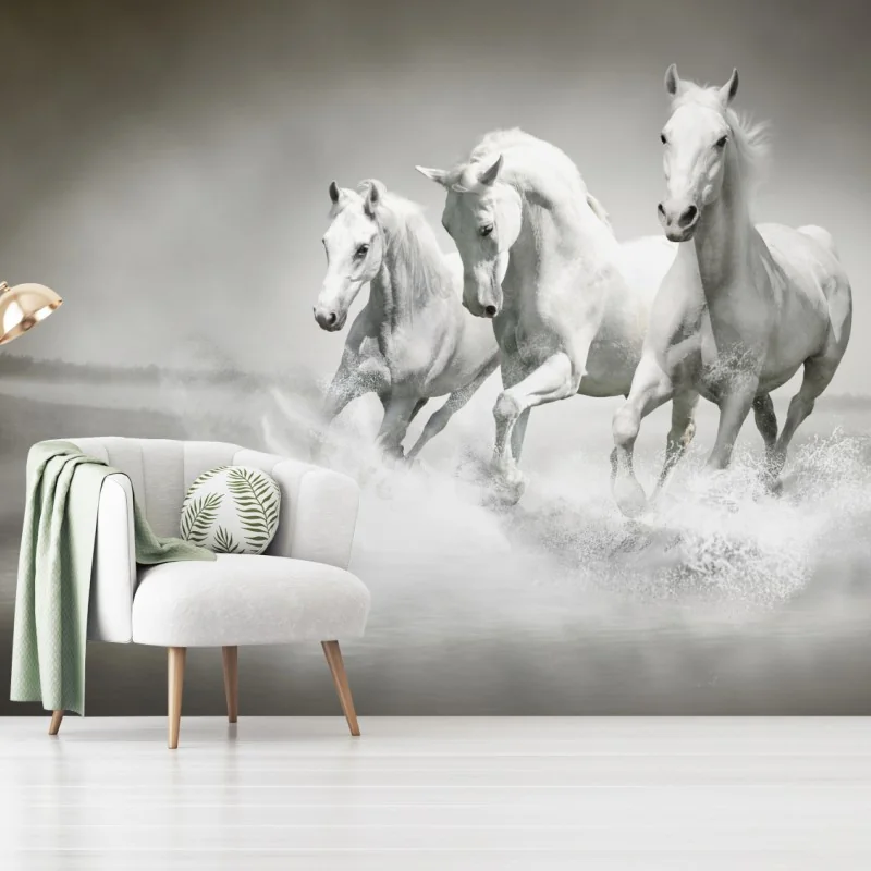 Fototapete drei weiße pferde im galopp durch wasser