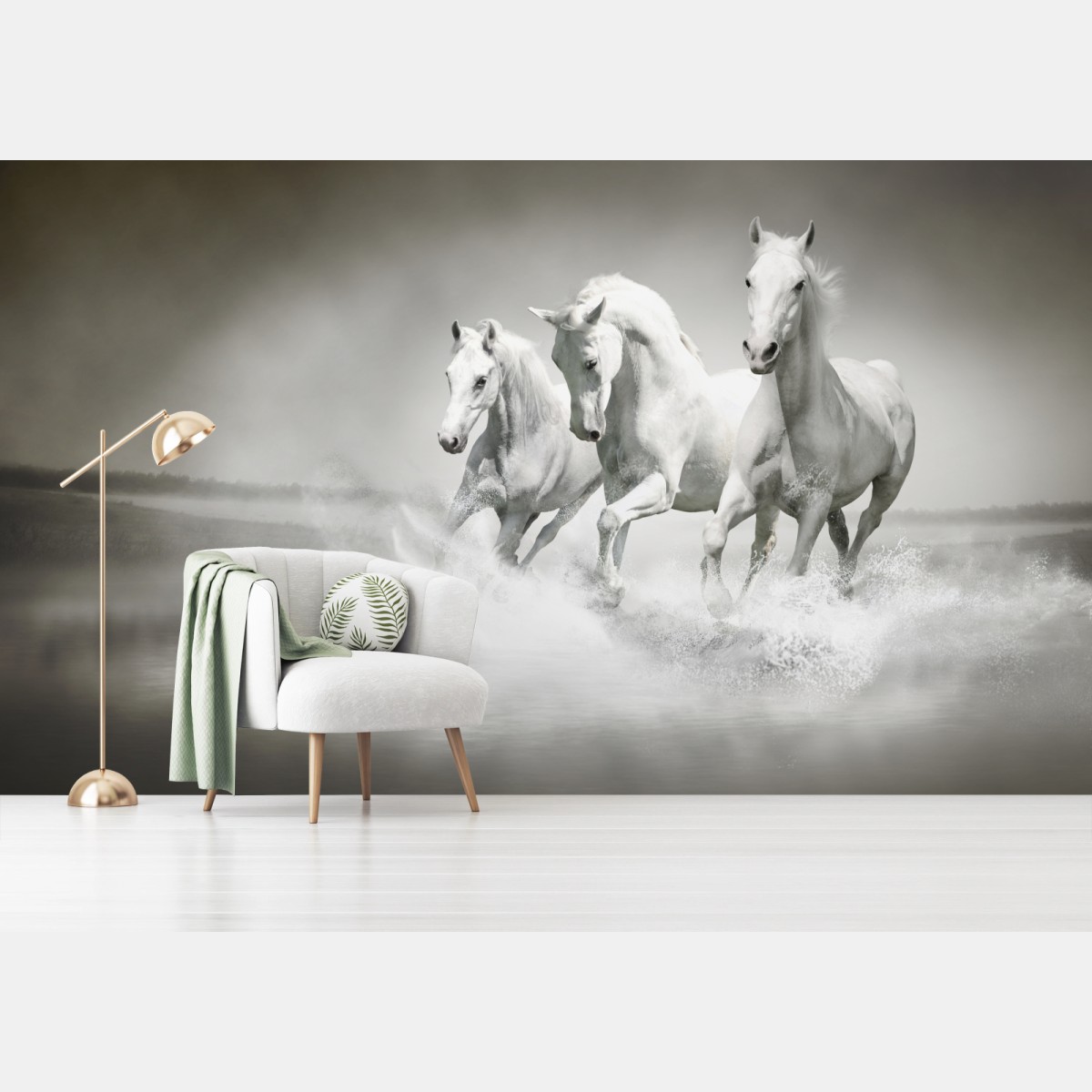 Fototapete drei weiße pferde im galopp durch wasser – Wallnifity®