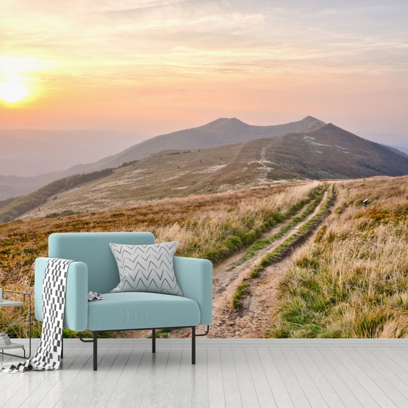 Fototapete goldener bergweg bei sonnenuntergang
