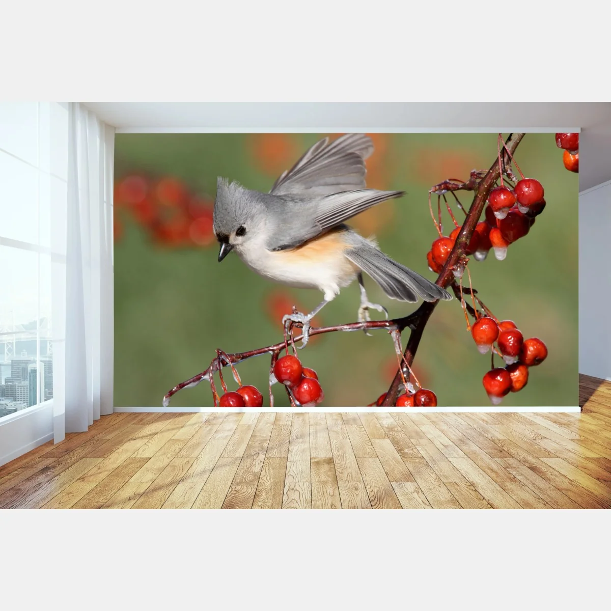 Fototapete grauer vogel auf roten beeren – Wallnifity® Fototapete grauer vogel auf roten beeren – Wallnifity®