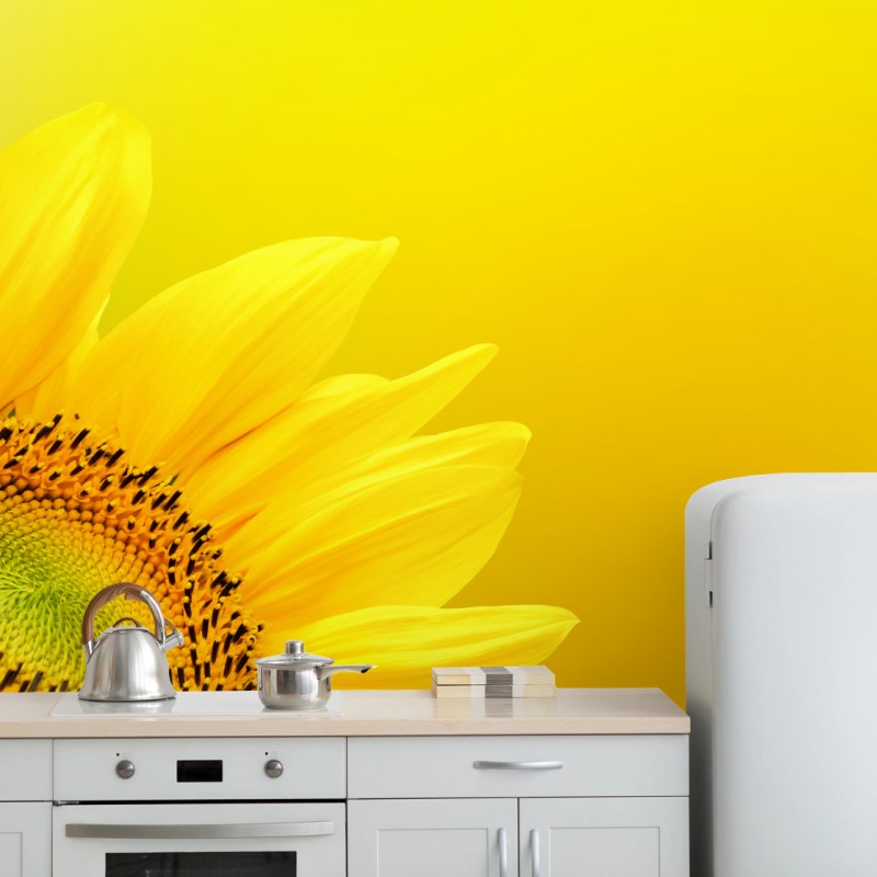 Fototapete leuchtende sonnenblume nahaufnahme auf gelbem hintergrund