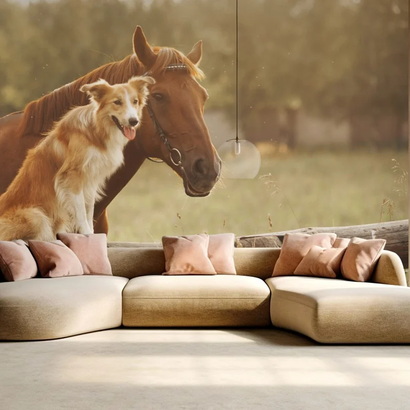 Fototapete sonnige gefährten: hund und pferd – Wallnifity® Fototapete sonnige gefährten: hund und pferd – Wallnifity®