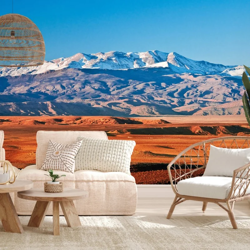 Fototapete sonnenbeschienene wüste mit schneebedeckten bergen – Wallnifity®