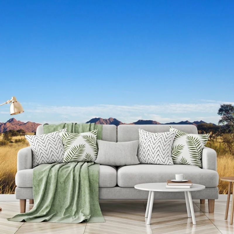 Fototapete ruhige savannenlandschaft unter klarem blauem himmel