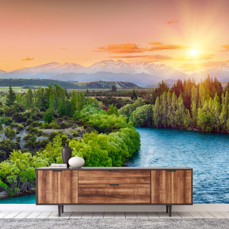 Fototapete sonnenuntergang über dem Clutha River und den Südalpen – Wallnifity® Fototapete sonnenuntergang über dem Clutha River und den Südalpen – Wallnifity®