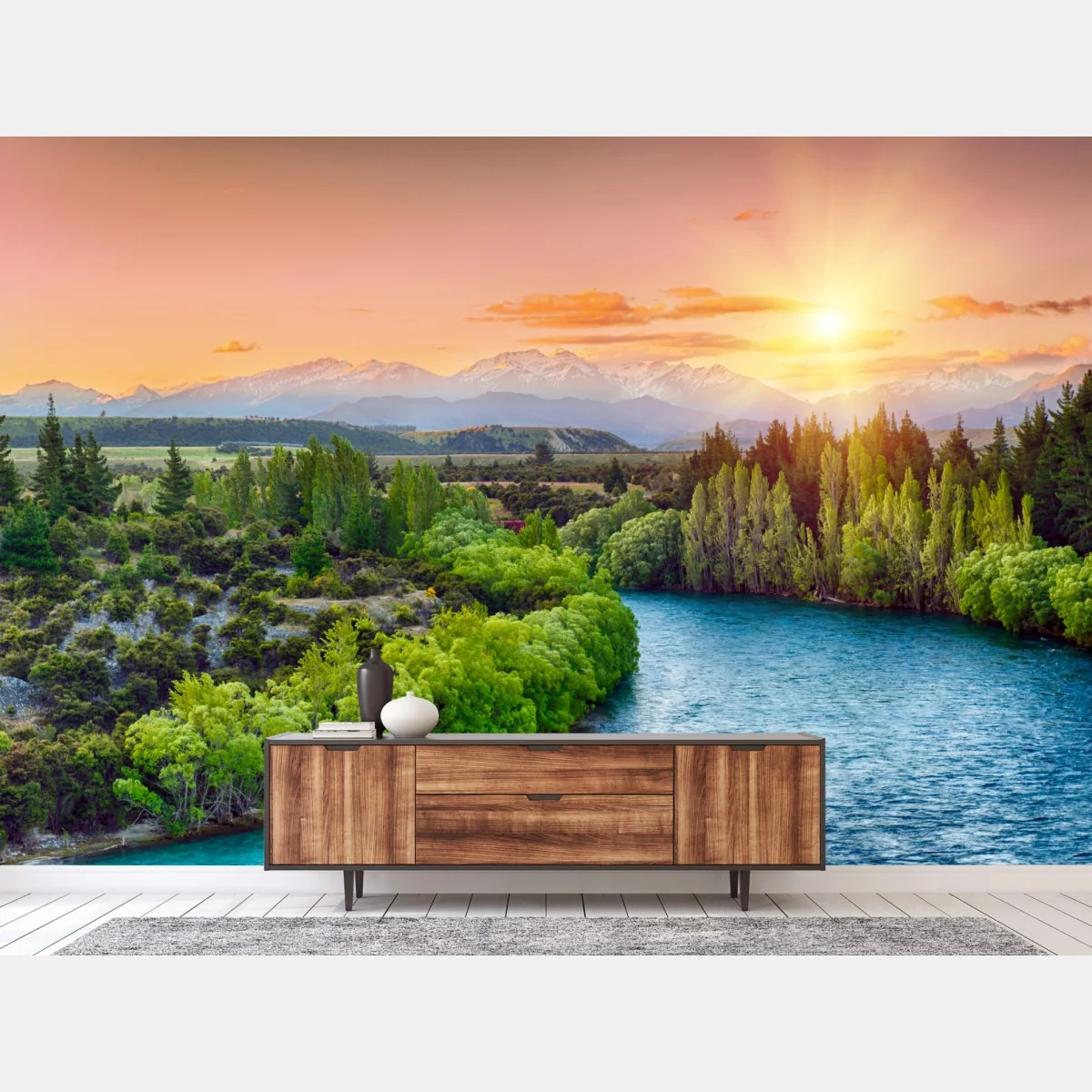 Fototapete sonnenuntergang über dem Clutha River und den Südalpen – Wallnifity® Fototapete sonnenuntergang über dem Clutha River und den Südalpen – Wallnifity®