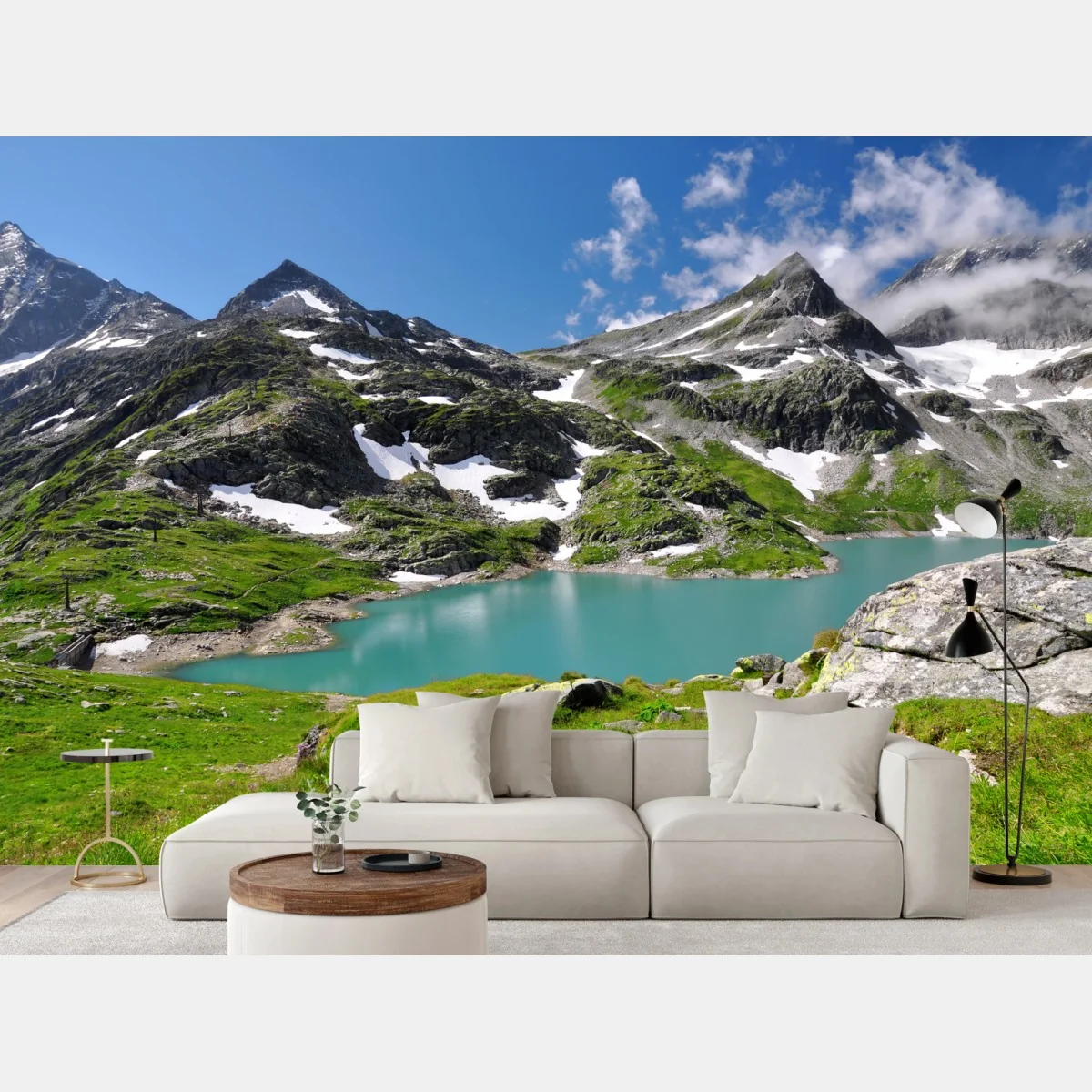 Fototapete bergsee mit türkiswasser und gebirgspanorama – Wallnifity® Fototapete bergsee mit türkiswasser und gebirgspanorama – Wallnifity®