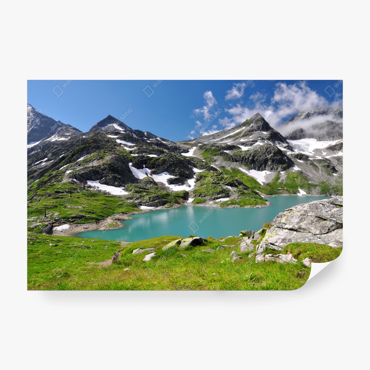 Fototapete bergsee mit türkiswasser und gebirgspanorama – Wallnifity® Fototapete bergsee mit türkiswasser und gebirgspanorama – Wallnifity®